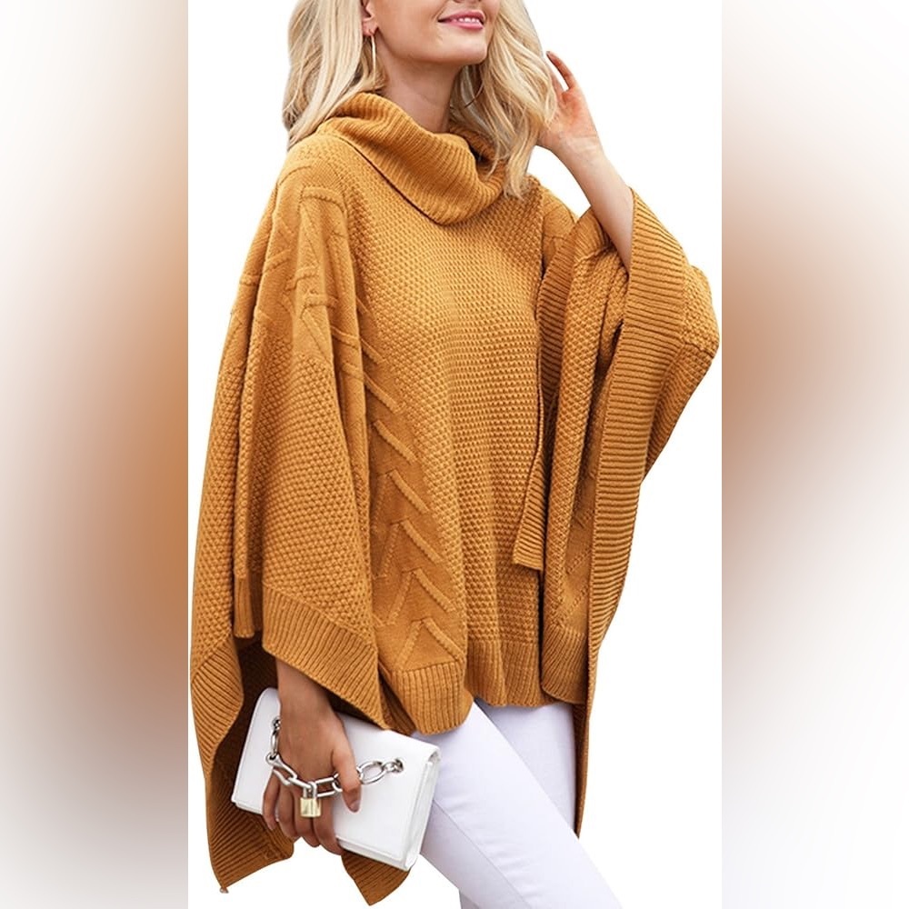 Mustard Yellow Women's Poncho Sweater, one size fits all, mock neck, Fall